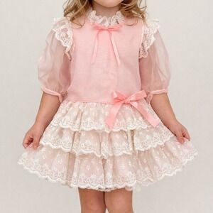 Vintage Pink Organza Lace Dress Tiered Puff Sleeve Bow Sheer Cottage Charm 2T 3T